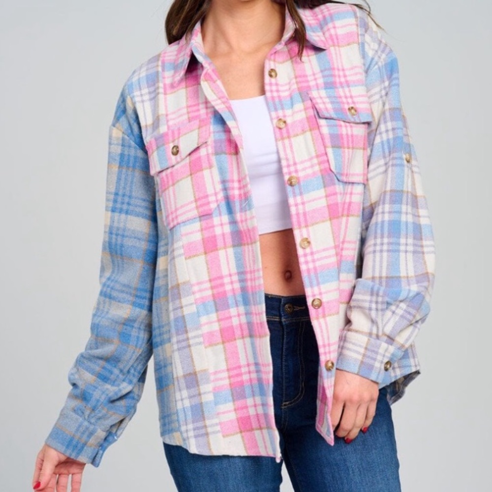 A Girl Thing Pink and Blue Plaid Button Down Shirt
